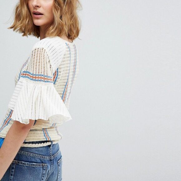 Free People Striped Flutter Sleeve Knit Drawstring Top (NWT) - Picture 3 of 5